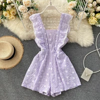 womens embroidery floral strap rompers retro hollow square collar sleeveless wide leg short rompers casual fashion sexy rompers