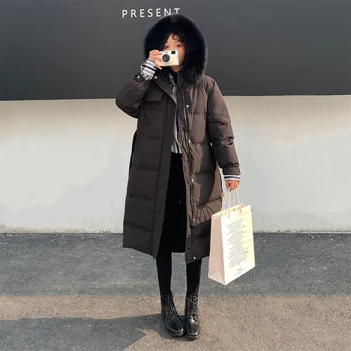 

2023 Real Fur Collar Women's Winter Jacket Medium Over The Knee White Duck Down Hooded Female Jacket Doudoune Femme Xhl50