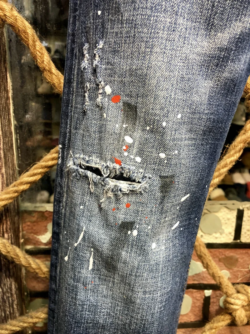 New DSQUARED2 Men's/Women Fashion Slim-Fit Ripped Patch Jeans, Paint Ripped Ink Micro-Elastic Blue Pants 9602