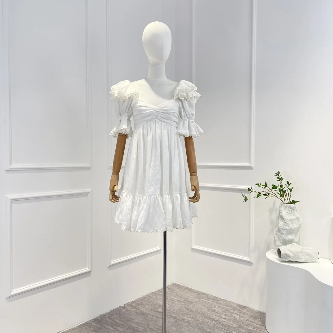 

Женское мини-платье с оборками, весеннее белое платье с полурукавами и бисером, 2023