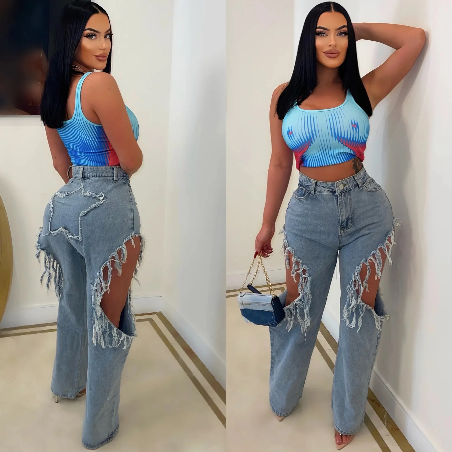 

Baggy Hollow Out Ripped Jeans High Waist Cargo Pant Y2K Streetwear Fashion 2023 Women Summer Clothes Trousers Denim Pants
