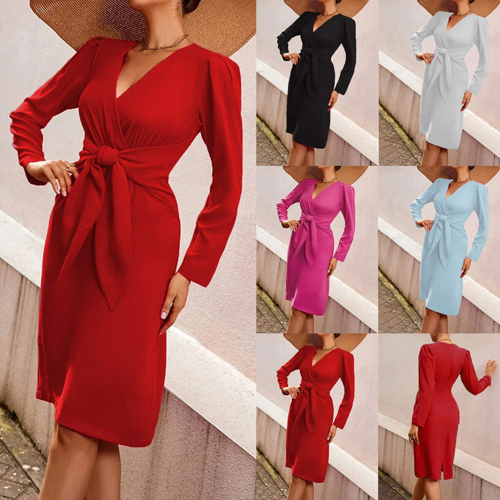 

Женское соблазнительное однотонное коктейльное платье с V-образным вырезом, высокой талией и длинным рукавом, женские платья для матери нев...