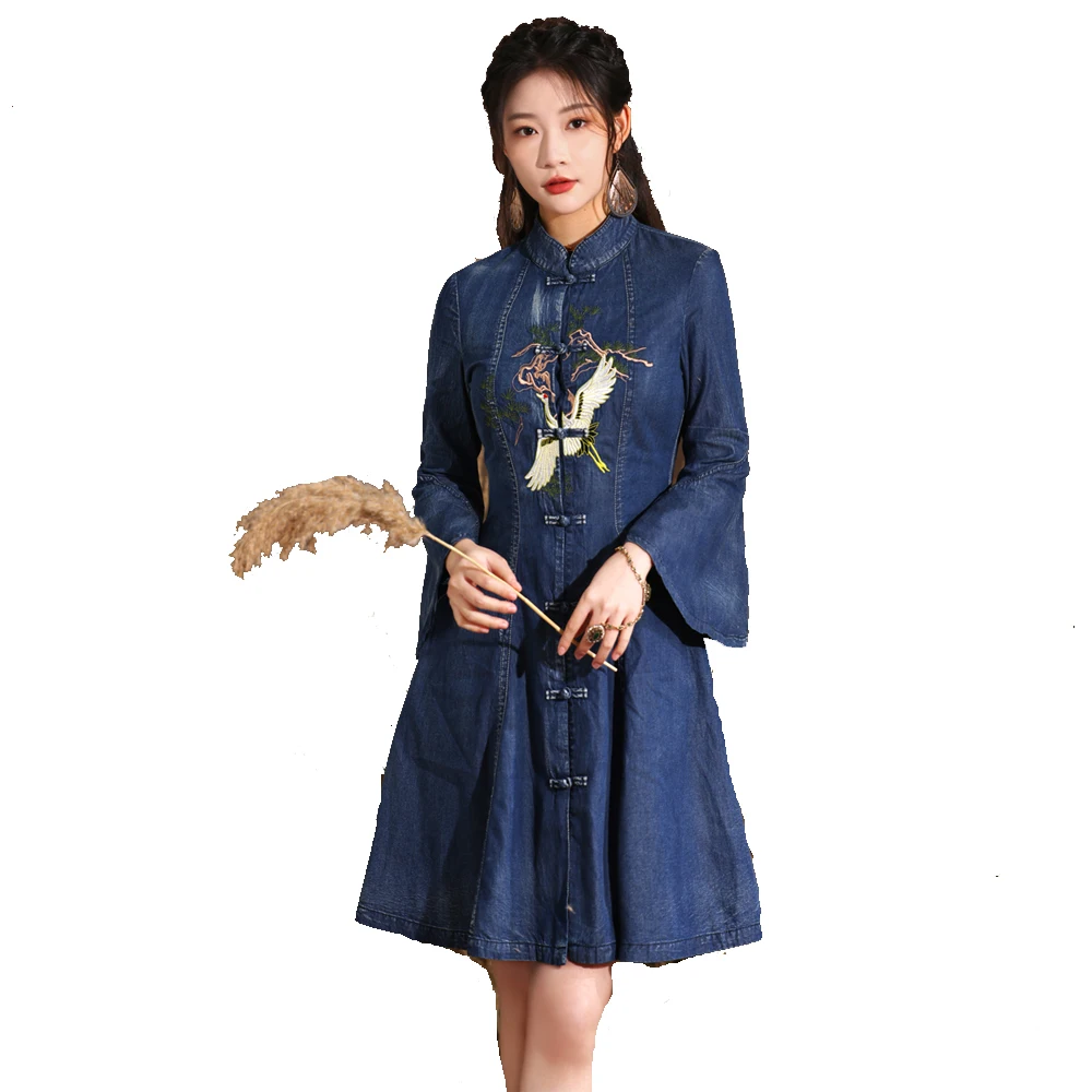 

Women Fashion Style V-Collar Flare Sleeves Bird Embroidery Mini Denim Dress Button Designed Cotton Jeans Blue FS1372