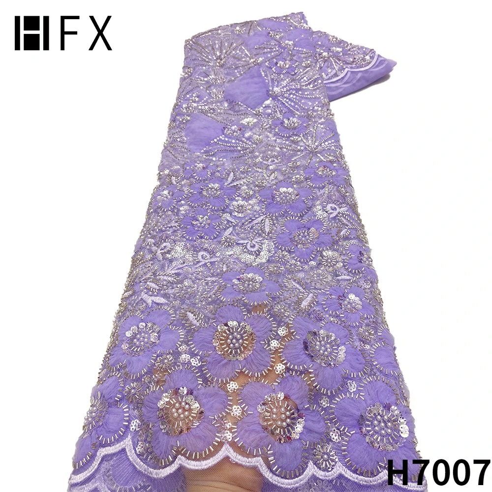 

HFX Lilac 2022 Top Quality beaded Lace fabric Nigerian French 3D flowers mesh sequins Lace Fabric For Party Dress Sewing H7007