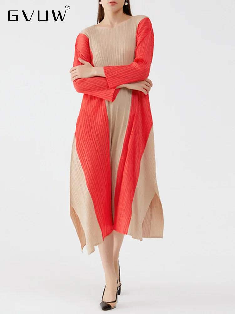 

GVUW Pleated Dresses For Women Contrast Color Asymmetrical O-neck Long Sleeve Loose 2023 Autumn Female Fashion Clothing 17J1313