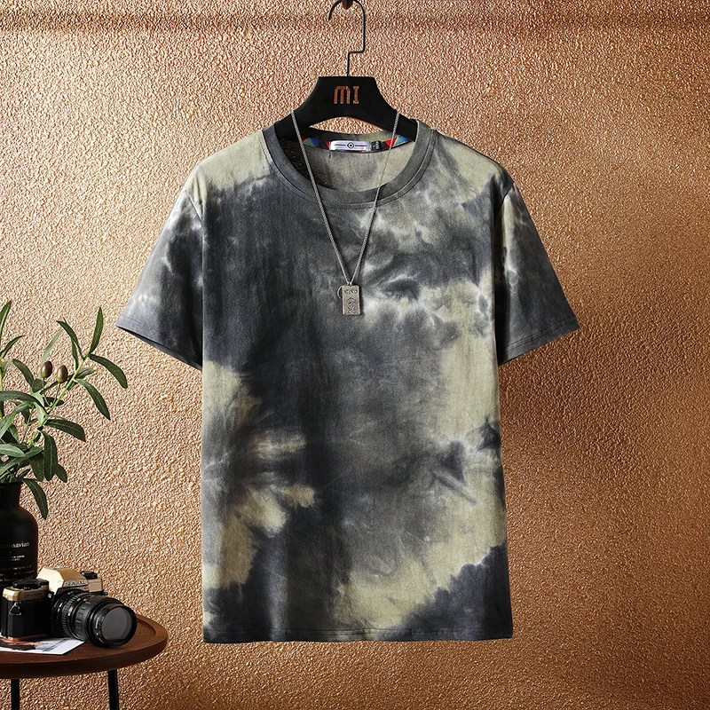

M-5XL 2022 Summer Casual Short-sleeved T-shirt Men's Retro Large Size Personality Tie-dye Hit Color Loose Casual Top Men