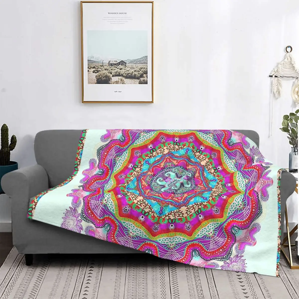 

Pink Flower Design Hand Painted Blanket Mandala Deco Flannel Autumn/Winter Breathable Lightweight Throw Blankets For home Rug