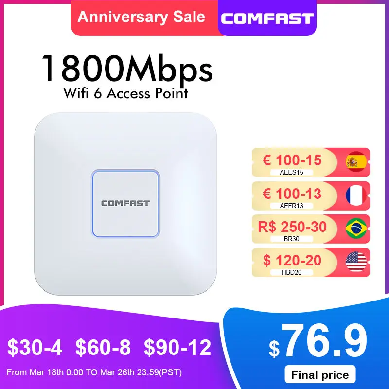 

Comfast 1800 Мбит/с Wifi 6 Крытый потолок AP маршрутизатор 802.11AX MU-MIMO Wi-Fi 6 гигабитный доступ усилитель сигнала расширитель диапазона Amplifie
