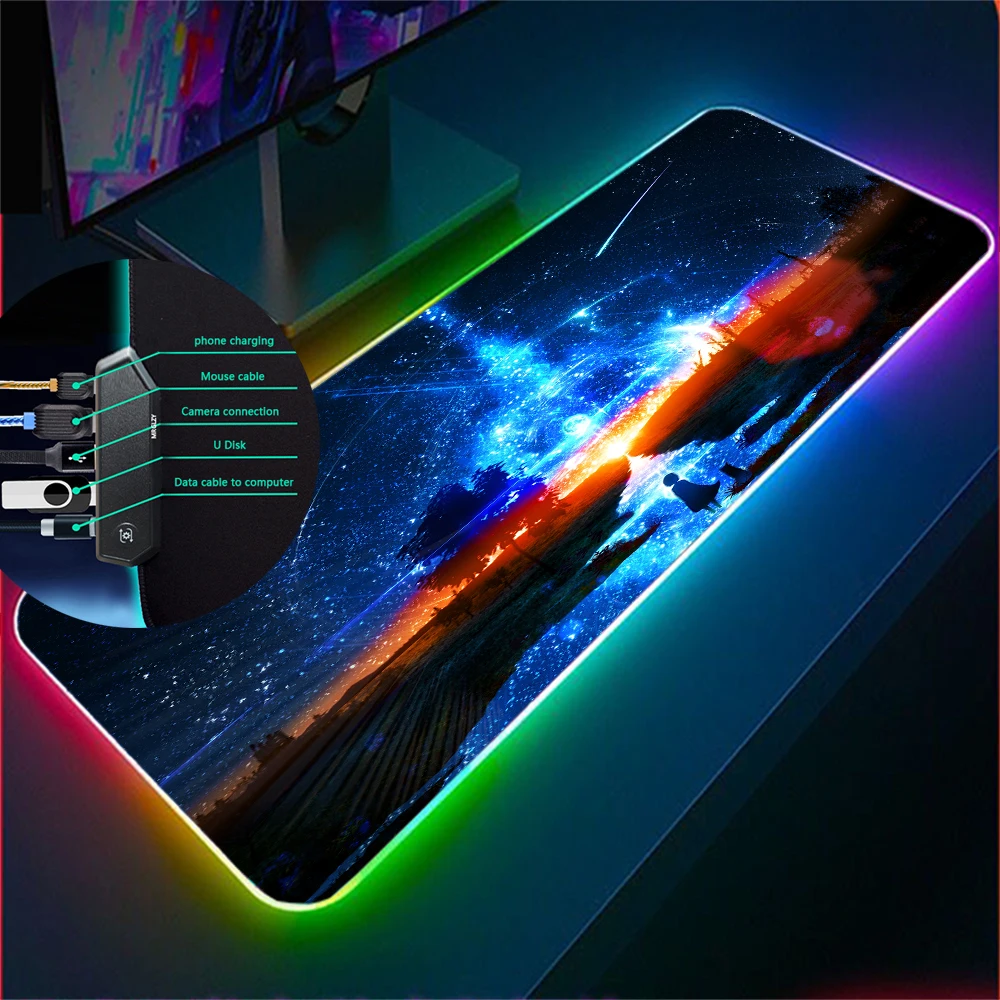 

Starry Sky Aurora Landscapen RGB Large Mouse Pad Laptop Gaming Mouse Pad Anti-slip Gamer Office Deskmat for 4USB-HUB Mousepad