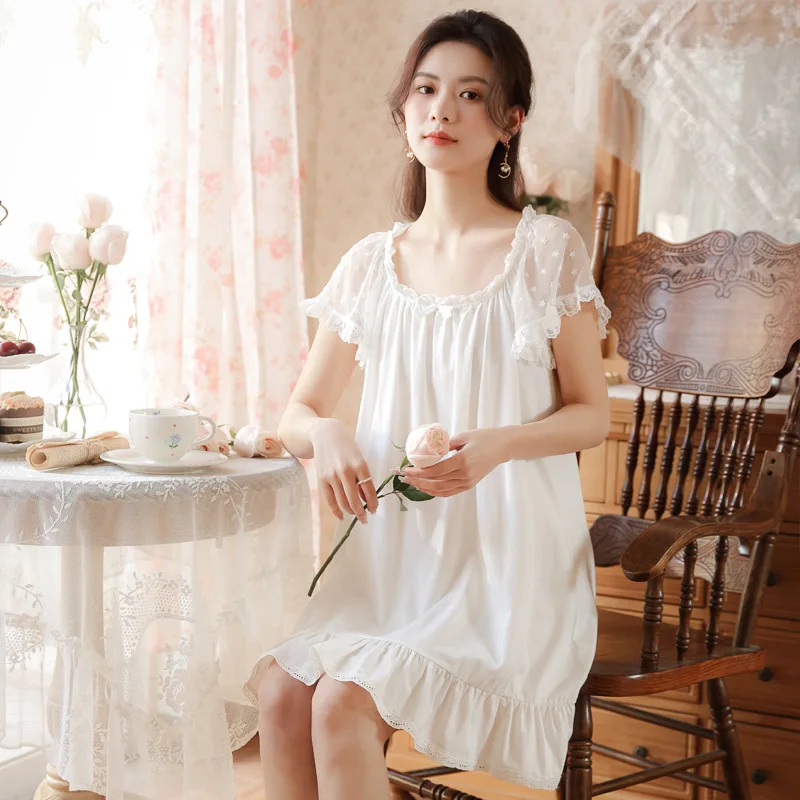 Sweet Cotton Night Dress Women Summer White Sexy Nighty Lace Short Sleeve Mini Nightdress Vintage Nightgowns Princess Sleepwear