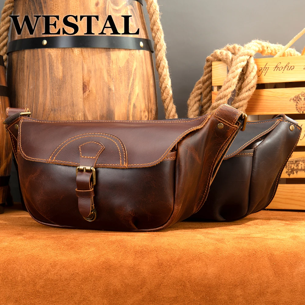 WESTAL Men Genuine Leather Shoulder Bag Fashion Crossbody Bag Travel Sling Bag Pack Men's Messenger Pack Chest Bag For Male 9090