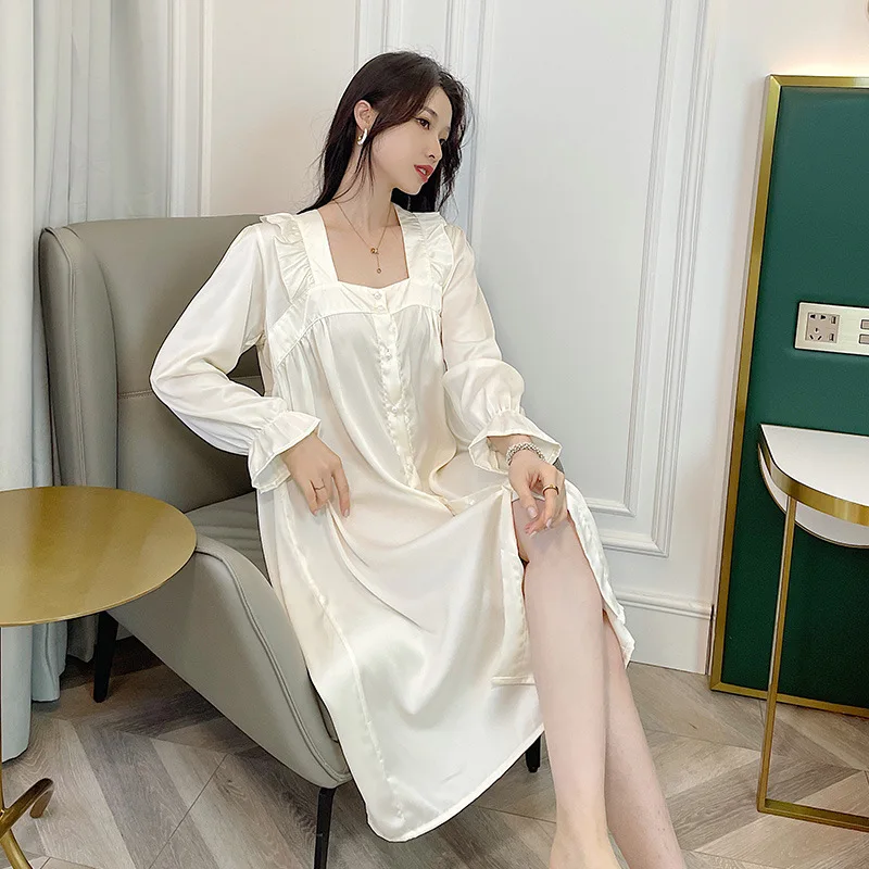 

Nightdress Women's Spring Summer New Satin Chiffon Thin Sexy Skirt 2022 Loose Long Knee Length Nightgown Lady Home Wear Dress