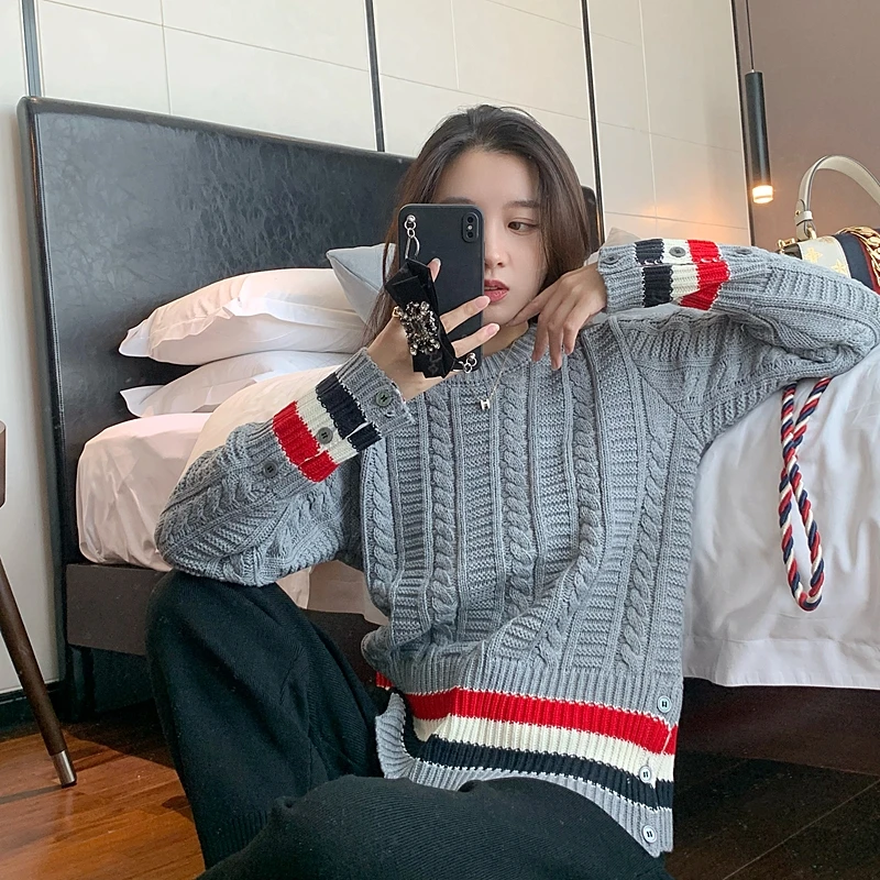 Sweater women's tb college style striped contrast color twist color matching round neck pullover wool sweater top long sleeve