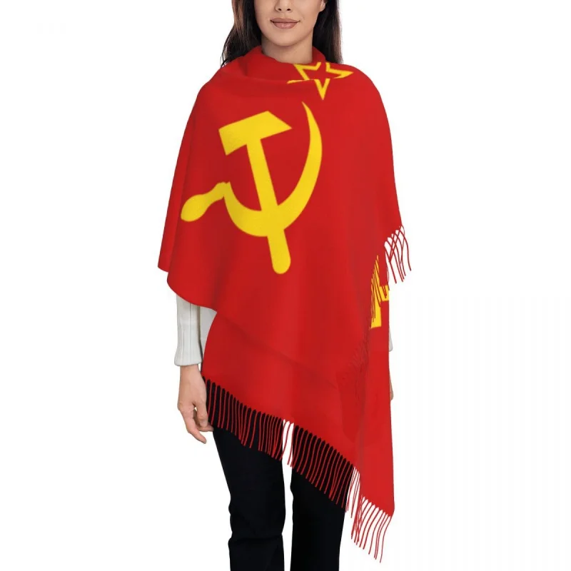 

USSR Hammer And Sickle Russian Soviet Flag Tassel Scarf Women Soft Shawl Wrap Female Winter Scarves