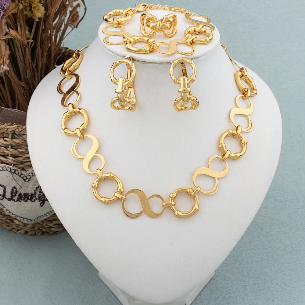 

High Quality Dubai Gold Color Chain Jewelry Set for Women 8 Shape Punk Hoop Earrings Chunky Clavicle Necklace Bracelet Ring Gift