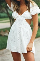 sexy waist cut out white dress puff sleeve mini vintage hollow out summer 2022 female outfits beach casual dress