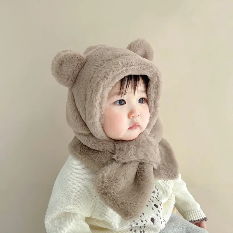 

6M-2Y baby Bear Hat and Scarf Set Thickened Winter Kids Hats Cold-proof Ear Cap Baby Hat Scarf Set Solid Color Kids Accessories