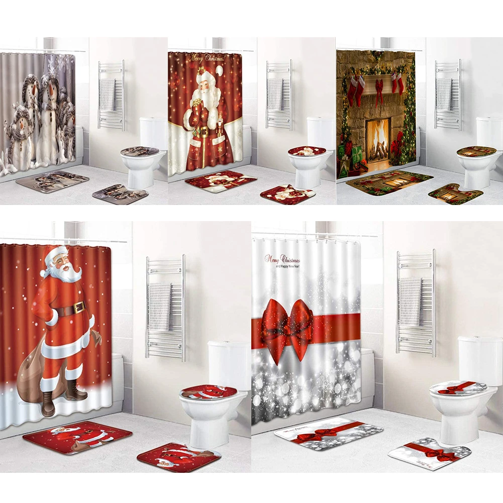

4 шт. рождественские занавески для душа, набор ковриков для ванной комнаты, коврик для туалета