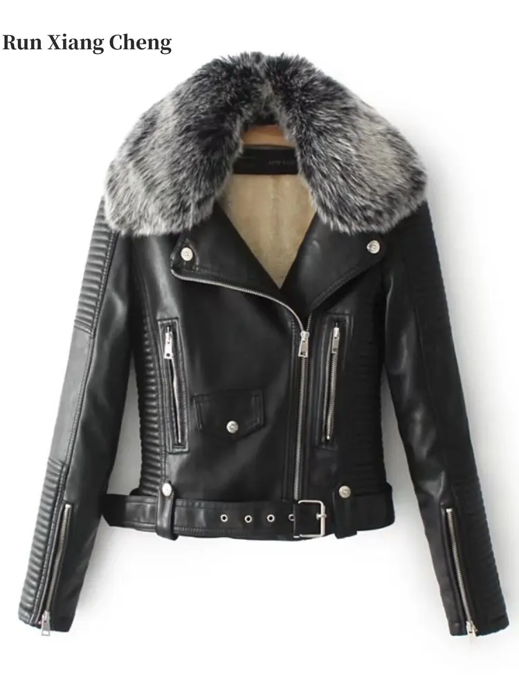 Autumn and Winter 2023 Women's New Solid Short Belt Wool Collar Motorcycle Leather Coat Plush Leather Fur Winter Jacket Women