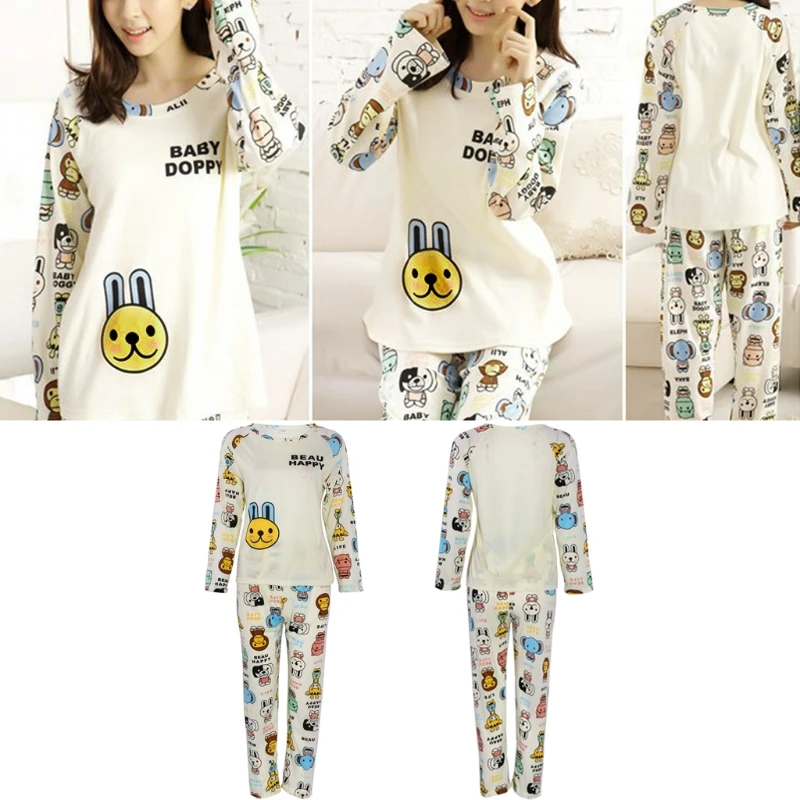 

Women Long Sleeve Cartoon Rabbit Print Tops Pajamas Set Sleepwear 37JB