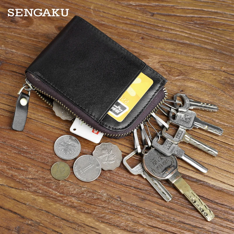 

Handmade Genuine LeatherKey Card Purse Housekeeper Key Bag With Card Slot Portable Storage Small Mini Wallet With Zipper