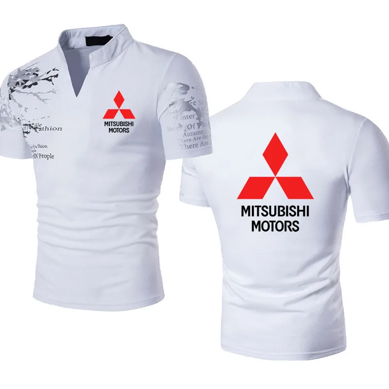 

Футболка мужская с принтом логотипа автомобиля, хлопок, короткий рукав, стоячий воротник, хип-хоп, стиль Харадзюку, Mitsubishi, лето