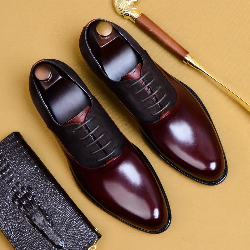 

Fashion Men's Oxford Formal Shoe Genuine Leather Business Shoes Black Wine Red Lace Up Wedding Office Luxury Mens Dress Shoes