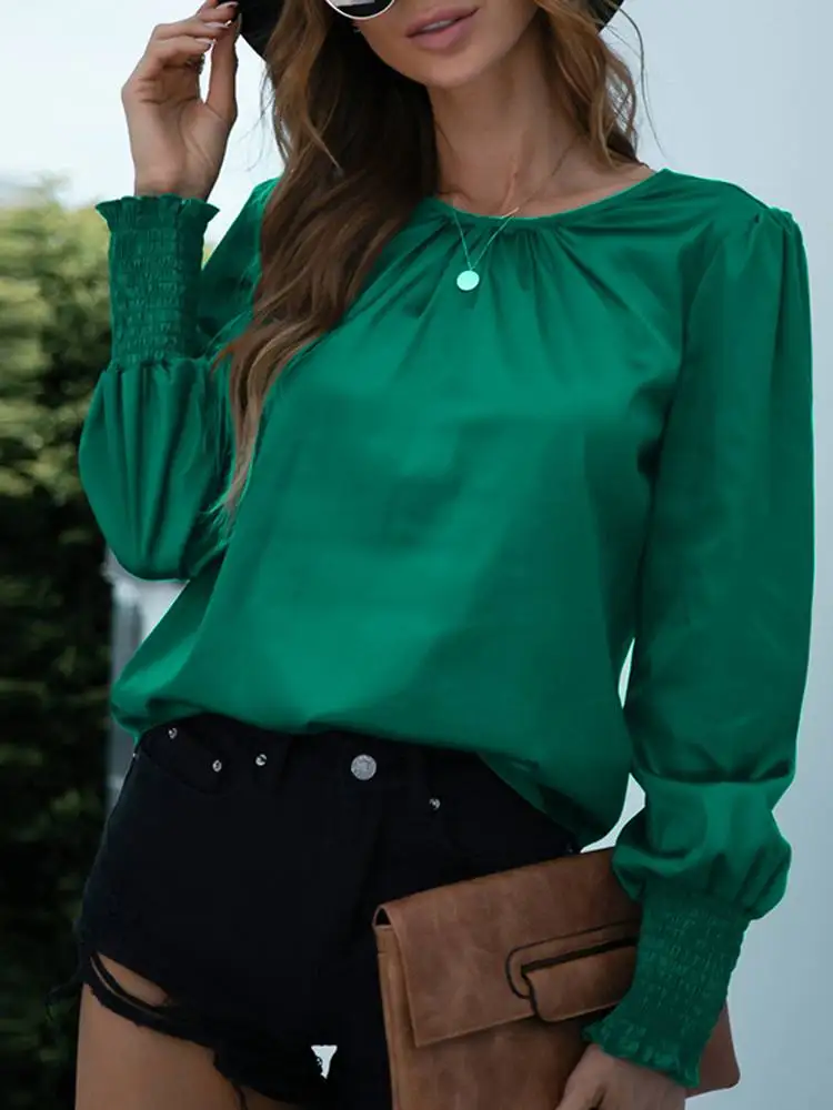 

Осенняя блузка ZANZEA с круглым вырезом и длинным рукавом, Женская атласная блузка, Модные Элегантные повседневные офисные Топы большого разм...