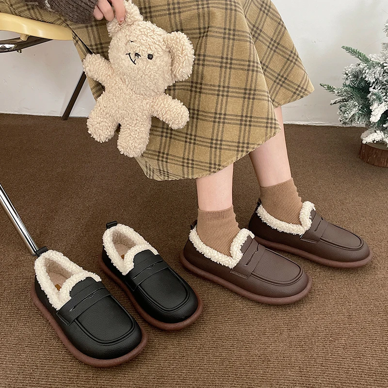 

Round Toe Moccasin Shoes Casual Female Sneakers 2022 Fashion Women's Slip-on Loafers Fur Shallow Mouth Moccasins Winter Modis Sl