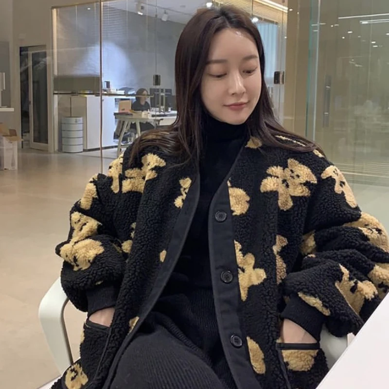 Clothland Women Chic Bear Lamb Fur Jacket V Neck Single Breasted Long Sleeve Padded Coat Autumn Winter Thick Tops CA382