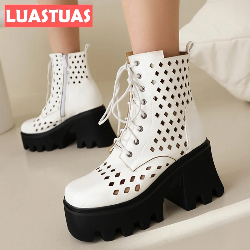 

LuasTuas New Arrival Spring Women Ankle Boots Platform Fretwork Women'S Shoes Fashion High Heels Ladies Footwear Size 34-43