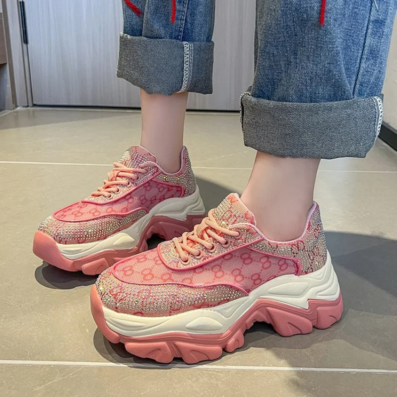 Rhinestone daddy shoes women 2023 summer new platform shoes breathable thick bottom increased pink sports and leisure shoes