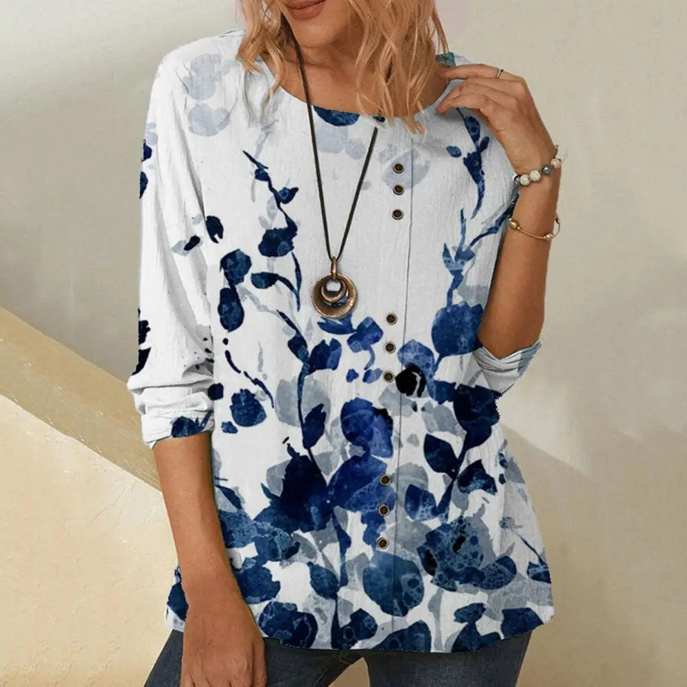 

Chic Leaves Pattern Elegant Women Pullover Blouse Party Shirt Buttons Decor Soft Fabric