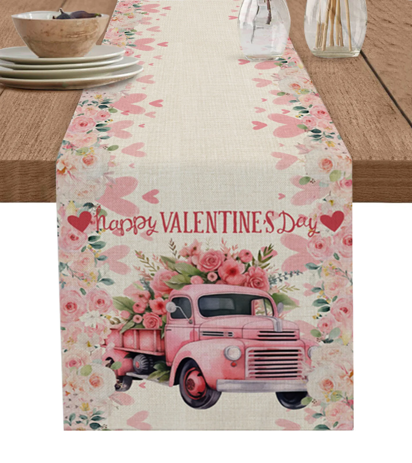 

Valentine'S Day Roses Truck Table Runner Luxury Wedding Decor Table Runner Home Dining Holiday Decor Tablecloth