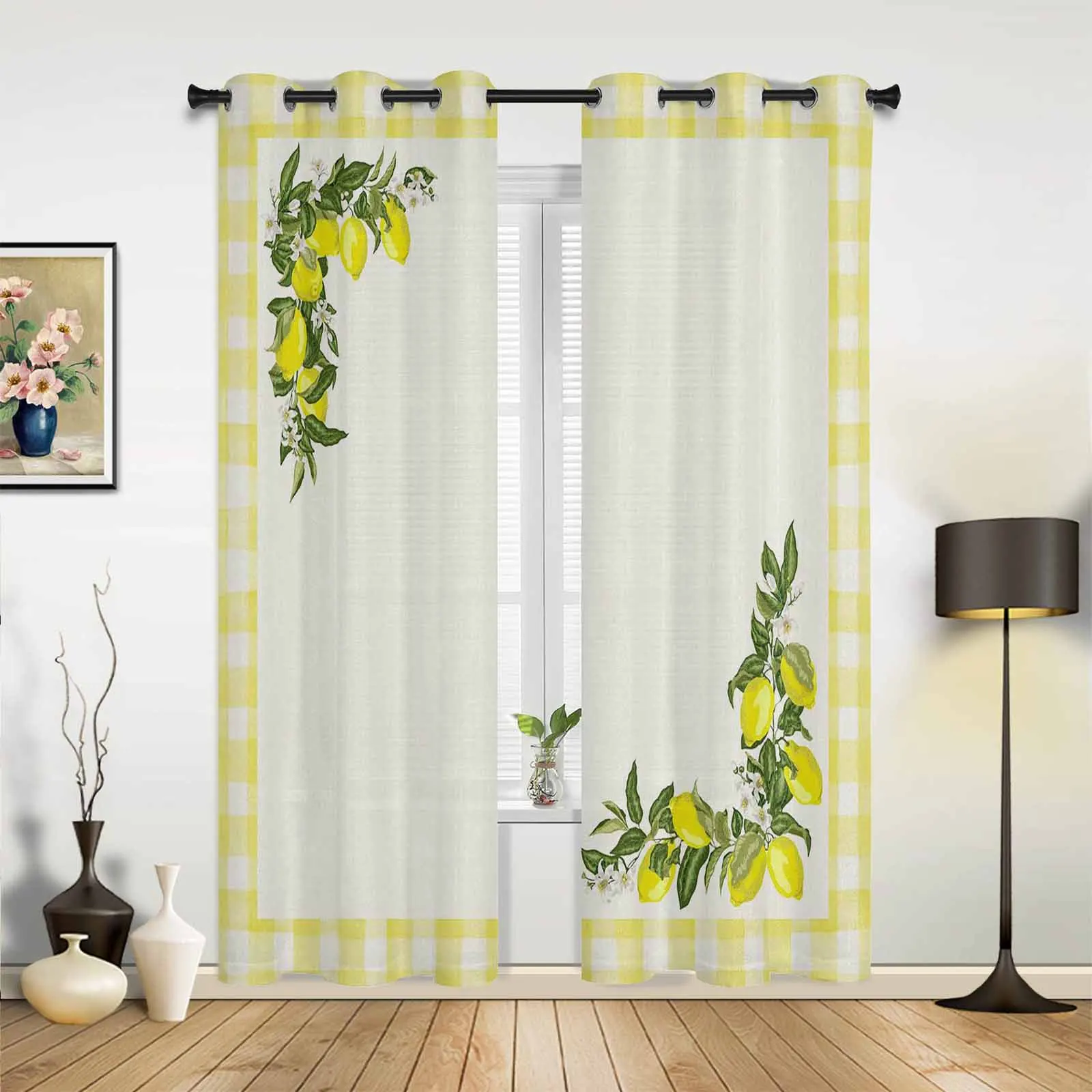 

Farm Rustic Fresh Fruit Lemon Yellow Plaid Window Curtains Living Room Curtain Home Decor Left and Right Biparting Open Drapes