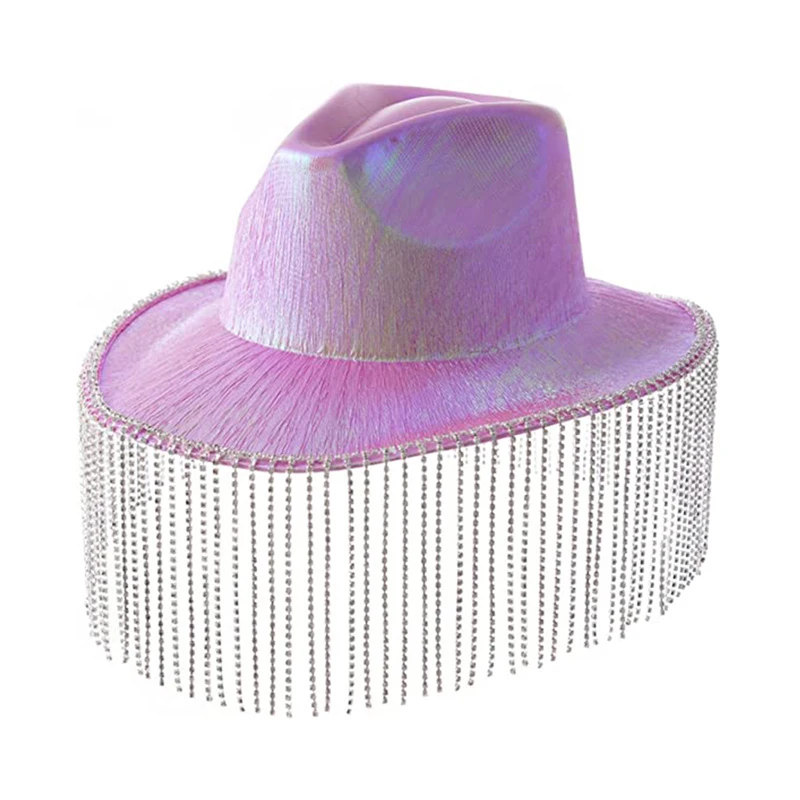 

Cowboy Hat Women Holographic Wide Brim Western Style Cowgirl Hat with Rhinestone Fringe Halloween Party Music Festival Sparkly