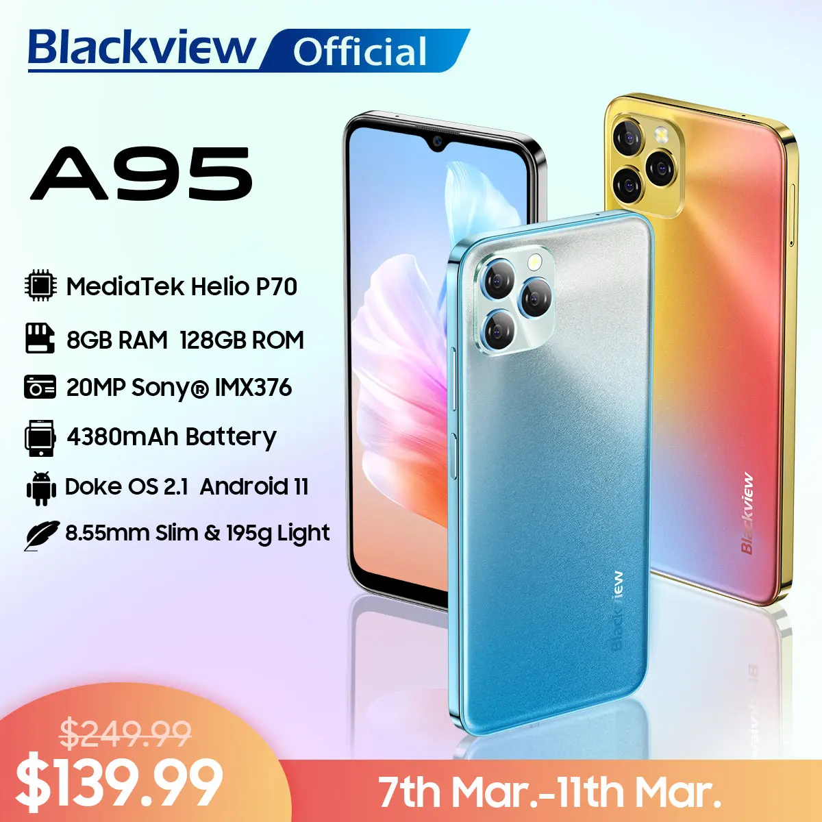 Blackview A95 смартфон, Восьмиядерный, Android 11, 8 ГБ + 128 ГБ