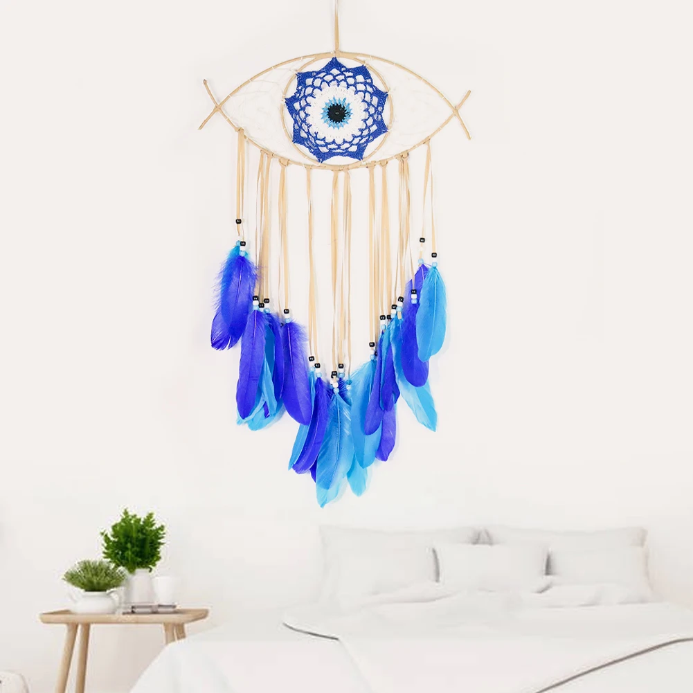 

Handmade Weave Mandala Sun Flower Turkish Devil Eye Bead Blue Feather Tassel Dreamcatcher Tapestry Yoga Meditation Hanging Decor