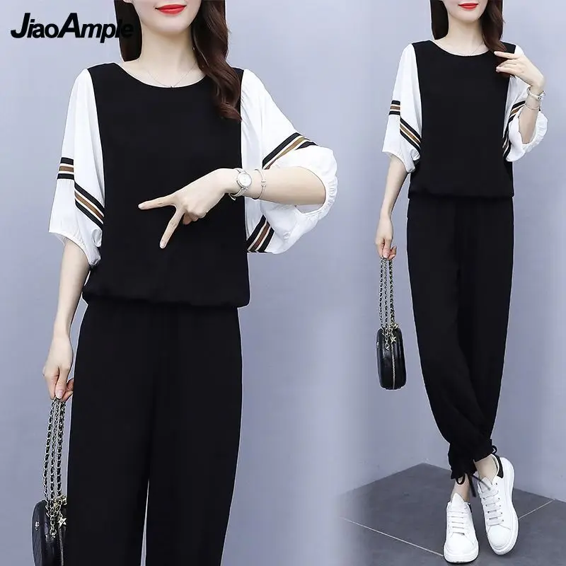 

Women's Tracksuit 2022 Summer New Loose Top Casual Pants Two Piece Korean Elegant Fashion Blouse Trousers Set Female Sportwear