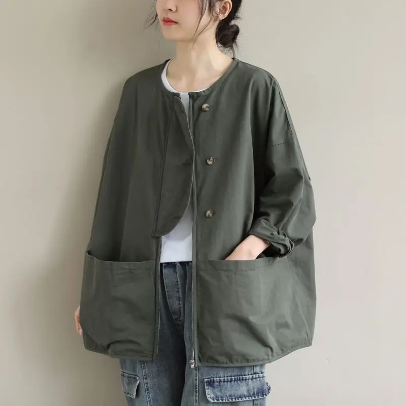 

Large Size Jackets Women Literary Spring Solid Color O Collar Big Pocket Coat Casual Loose Long-sleeve Zipper Short Jacket