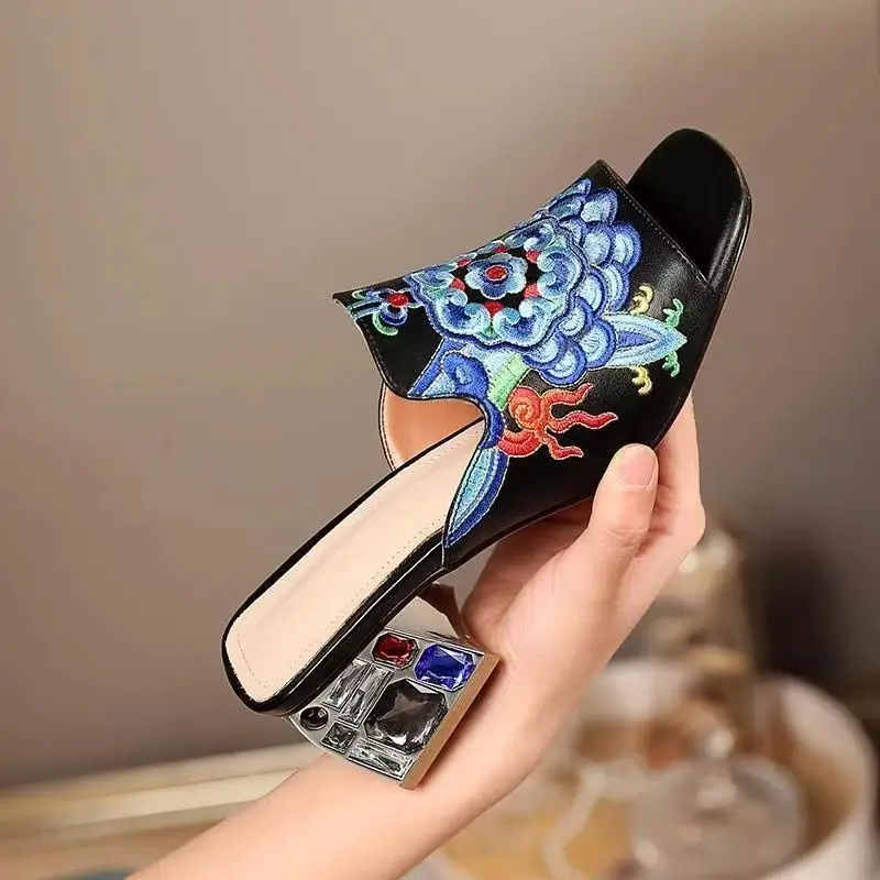 

FHANCHU 2022 Ethnic Style Women Leather Slides,Fashion Rhinestone High Heels Slippers,Summer Shoes,Embroidery Flower,Dropship