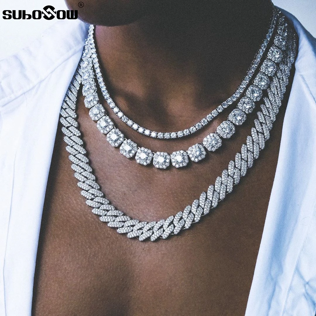 

Shine Luxury Miami Square Prong Cuban Link Chain Necklace for Men Women Iced Out Cluster Tennis Chain Necklace Hip Hop Jewelry