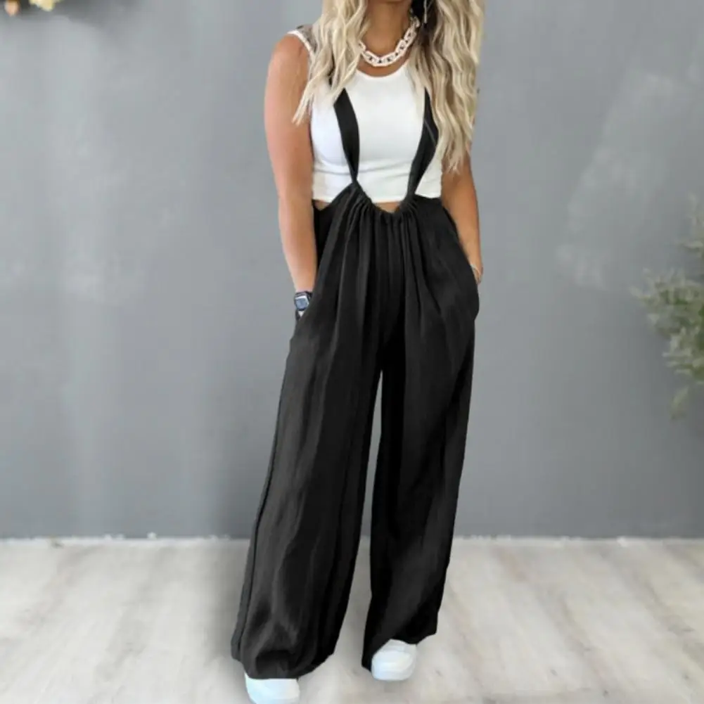 

Summer Solid Color Casual Baggy Bib Overalls Wide Leg Pants High Waist Pockets Loose Sports Y Suspenders Jumpsuit Streetwear