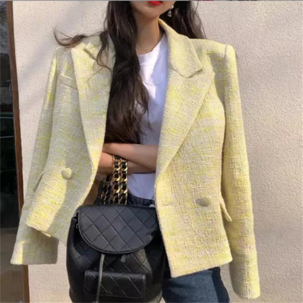 

Light yellow tweed coat women's 2022 new suit collar short coat top casual ol casaca mujer blazer women