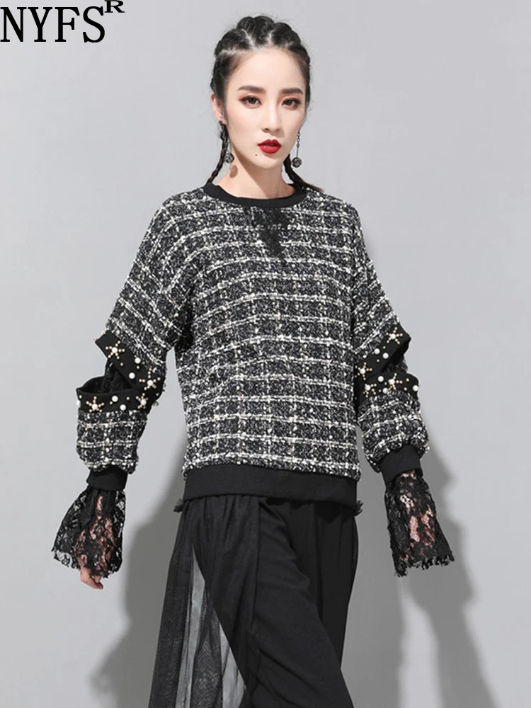 

NYFS 2023 New Autumn Korea Women T-shirt Plus Size Tops Hollow Out Pullover Patchwork Lace Fake Two Tee Blusas Camisa Mujer