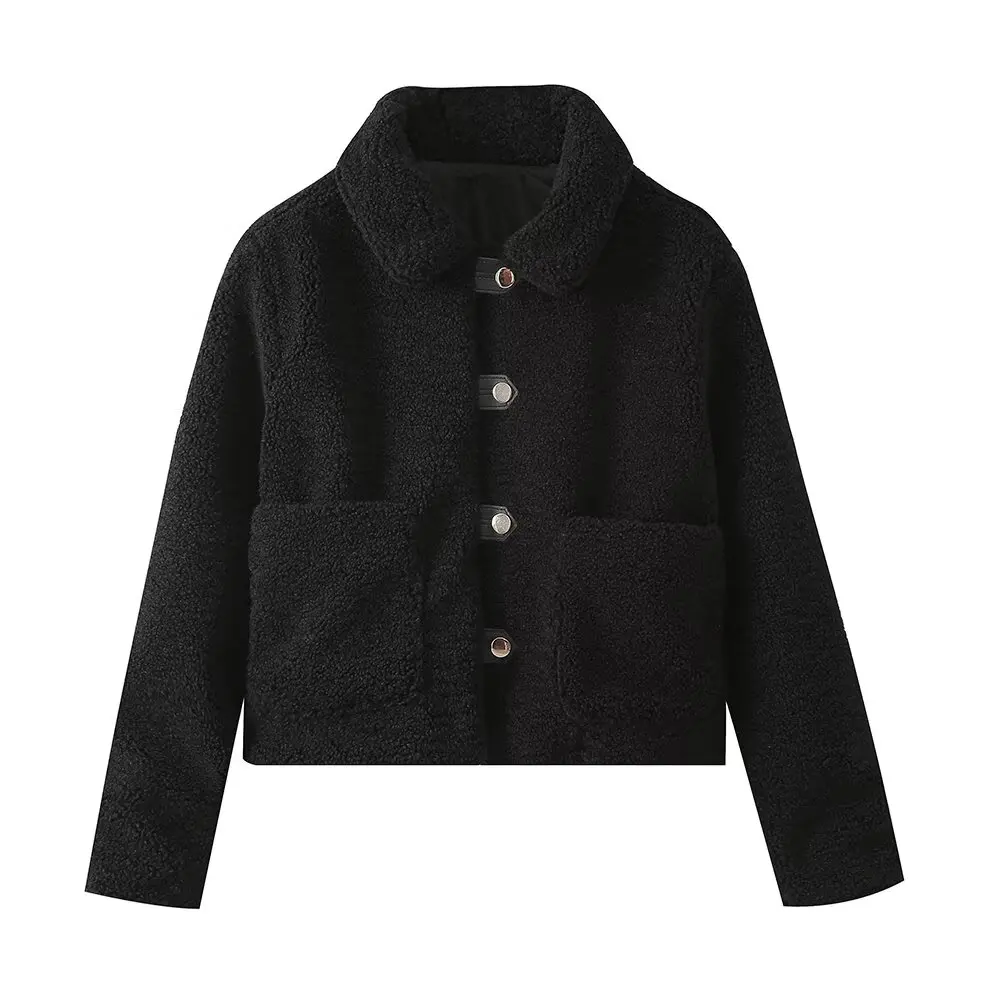 Женское однобортное пальто с отложным воротником длинными рукавами и карманами