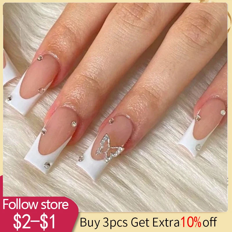 

24pcs Refreshing Summer Long Butterfly False Nails Girls Nail Art Decoration Full Cover Artificial Fake Nails Removable Nails