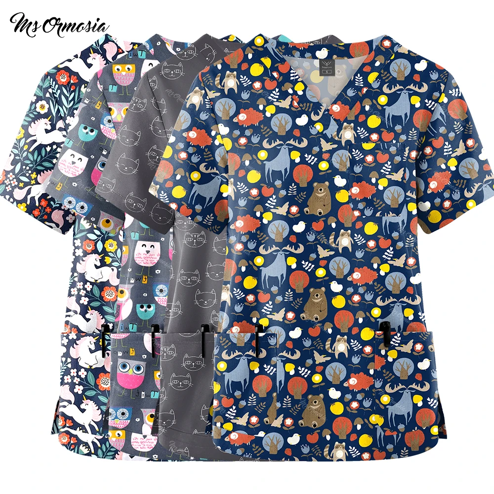 Медицинские скрабы футболка больничная униформа для кормления с мультяшным