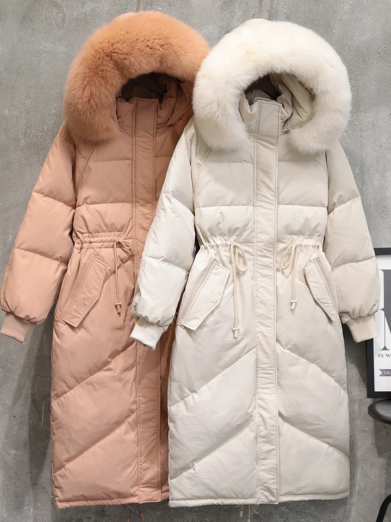 

2023 Winter Long Puffer Coat 90% White Duck Down Jacket THickness Female Snow Outwear Big Real Fur Collar Hooded Parkas
