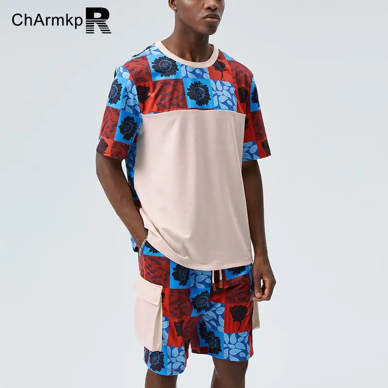 

ChArmkpR Summer Men Sets 2023 Two Pieces Pockets Short Sleeve T-shirt Cargo Shorts Casual Tops Camisas Floral Stitching Sets